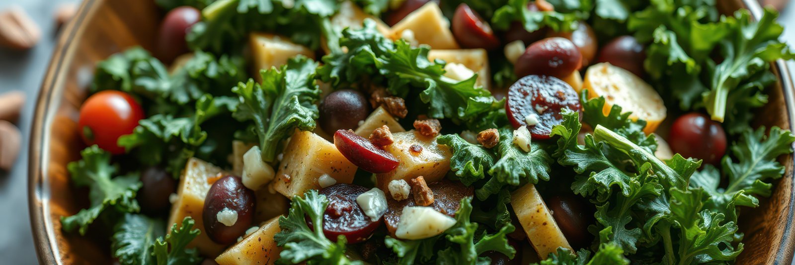 Fresh kale salad with grapes, apples, and nuts served in a wooden bowl